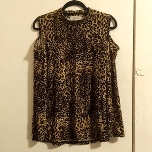 Fringe Benefits Women's Size XL Leopard Print Velvet Stretch Cold Shoulder Top